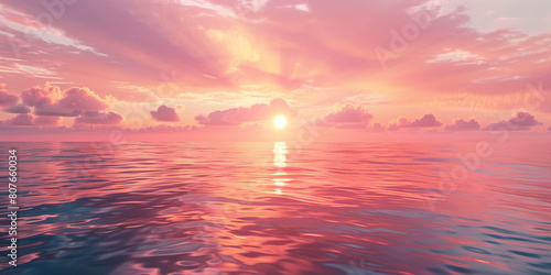 3D rendering of the ocean with a pink and orange sunset sky.