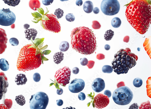 Fruit mix, blueberries strawberries and blackberries on a white background.