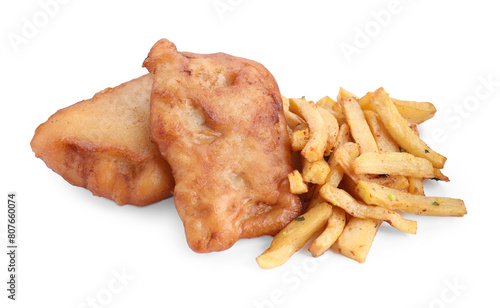 Tasty fish and chips isolated on white