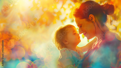 A mother and child exploring a new place together, their faces filled with excitement and wonder, against a backdrop of colorful surroundings for added energy and vibrancy. Dynamic