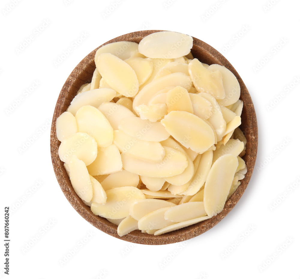 Fresh almond flakes in bowl isolated on white, top view