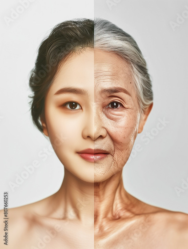 The concept of aging and skin care. Comparison of young and old. Beautiful woman's face, half young girl, half old woman. Isolated on white background.