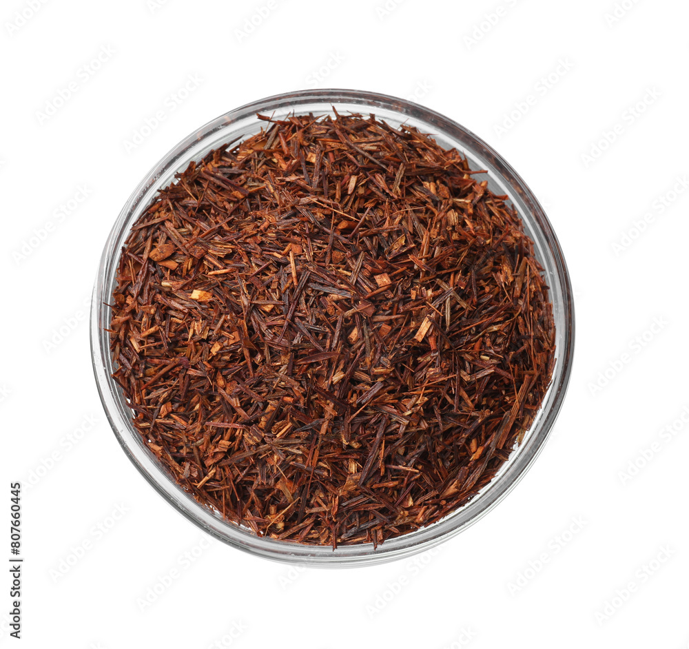 Rooibos tea in bowl isolated on white, top view Rooibos tea in bowl isolated on white, top view