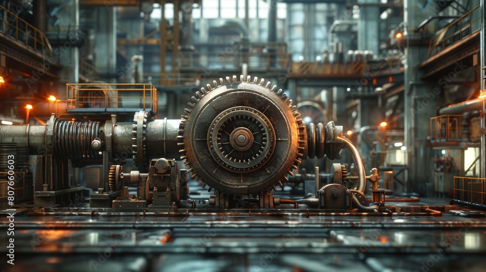 A factory with gears, symbolizing the industrial machine. A factory with gears, symbolizing the industrial machine.