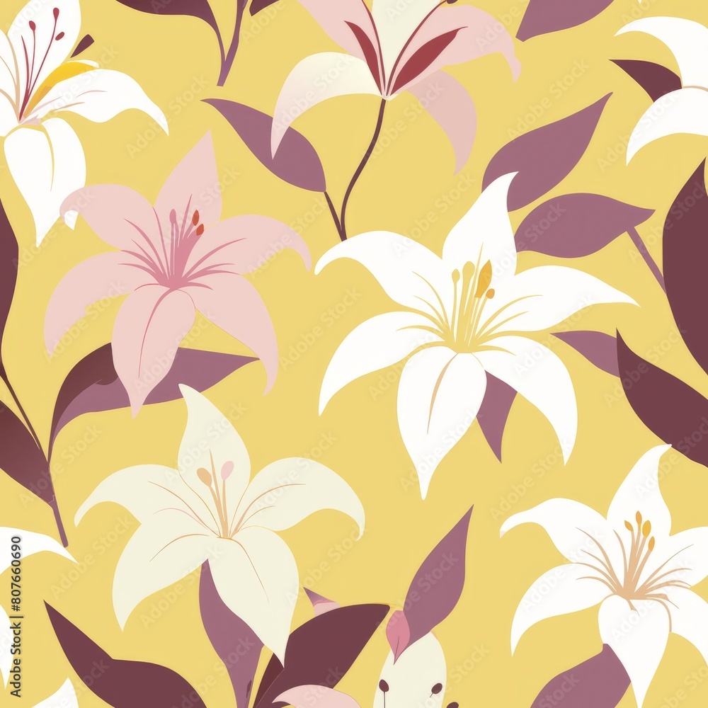 Seamless pattern of graceful lilies in shades of white, pink, and yellow, Generative AI