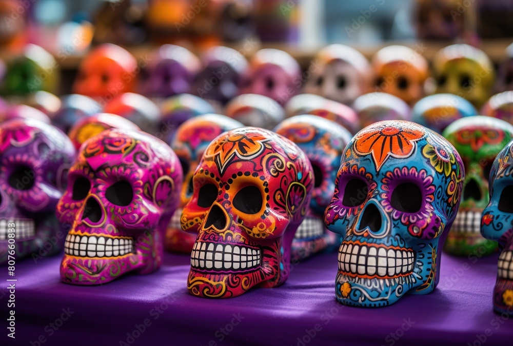 Fototapeta premium Colorful sugar skulls for sale in a souvenir shop in Mexico