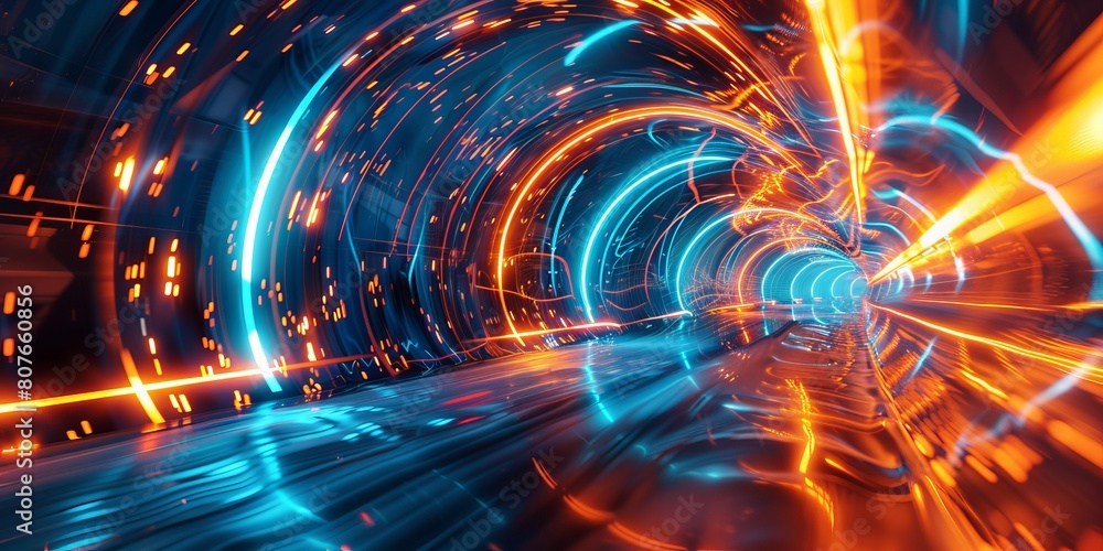 Obraz premium Blue, Turquoise and Orange Colored Swirls form Abstract Neon Tunnel.