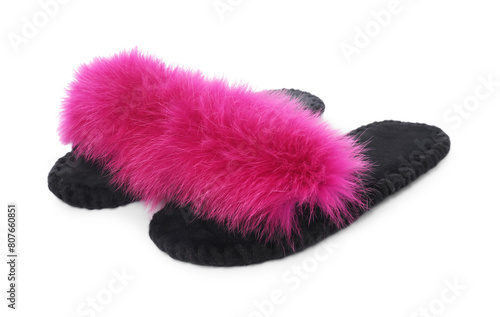 Pair of fluffy slippers isolated on white