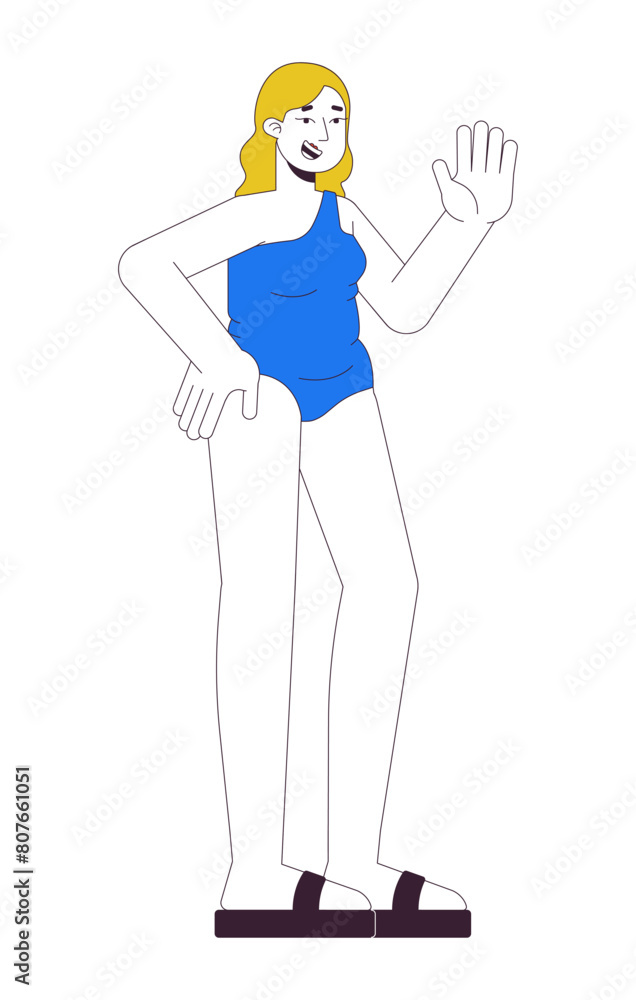 Pretty plus sized woman in swimsuit 2D linear cartoon character. Friendly curvy caucasian female isolated line vector person white background. Beach body positive color flat spot illustration Pretty plus sized woman in swimsuit 2D linear cartoon character. Friendly curvy caucasian female isolated line vector person white background. Beach body positive color flat spot illustration