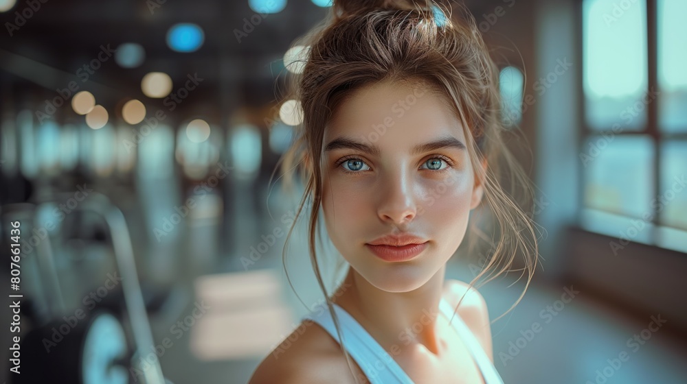 Serious young sporty girl in a gym with beautiful face and skin as healthy active lifestyle concept Serious young sporty girl in a gym with beautiful face and skin as healthy active lifestyle concept