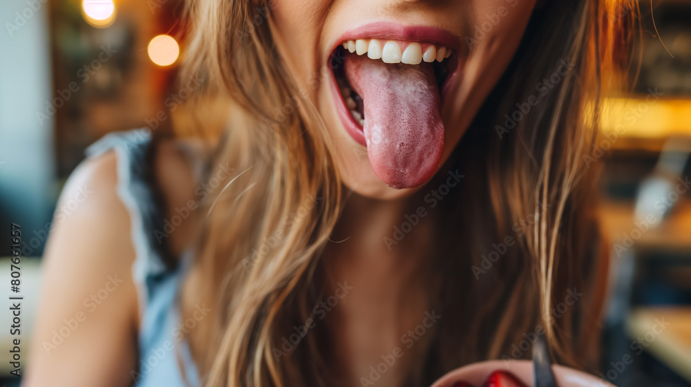 Cheerful young woman playfully sticking out her tongue in a brightly lit café setting. Cheerful young woman playfully sticking out her tongue in a brightly lit café setting.