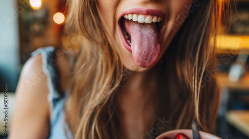 Cheerful young woman playfully sticking out her tongue in a brightly lit café setting. photo