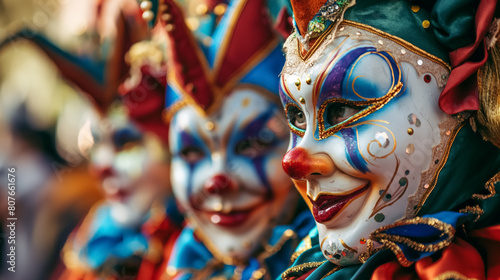 Venetian masks gleam in sunlight, their intricate designs and bold colors capturing the lively spirit of a traditional carnival celebration.