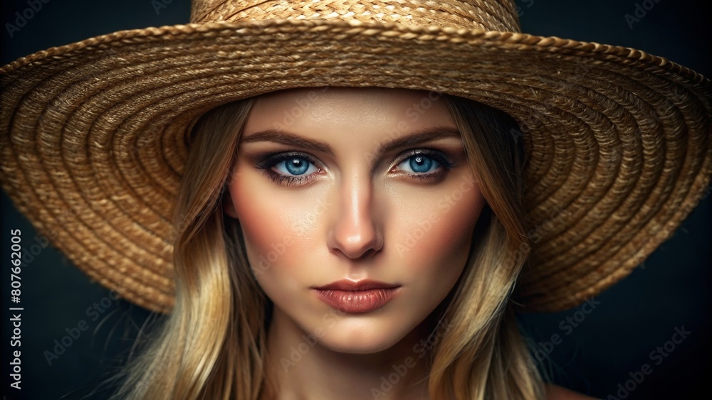 Beautiful woman with blue eyes and straw hat, portrait photography, beautiful skin, beautiful face details, professional studio lighting