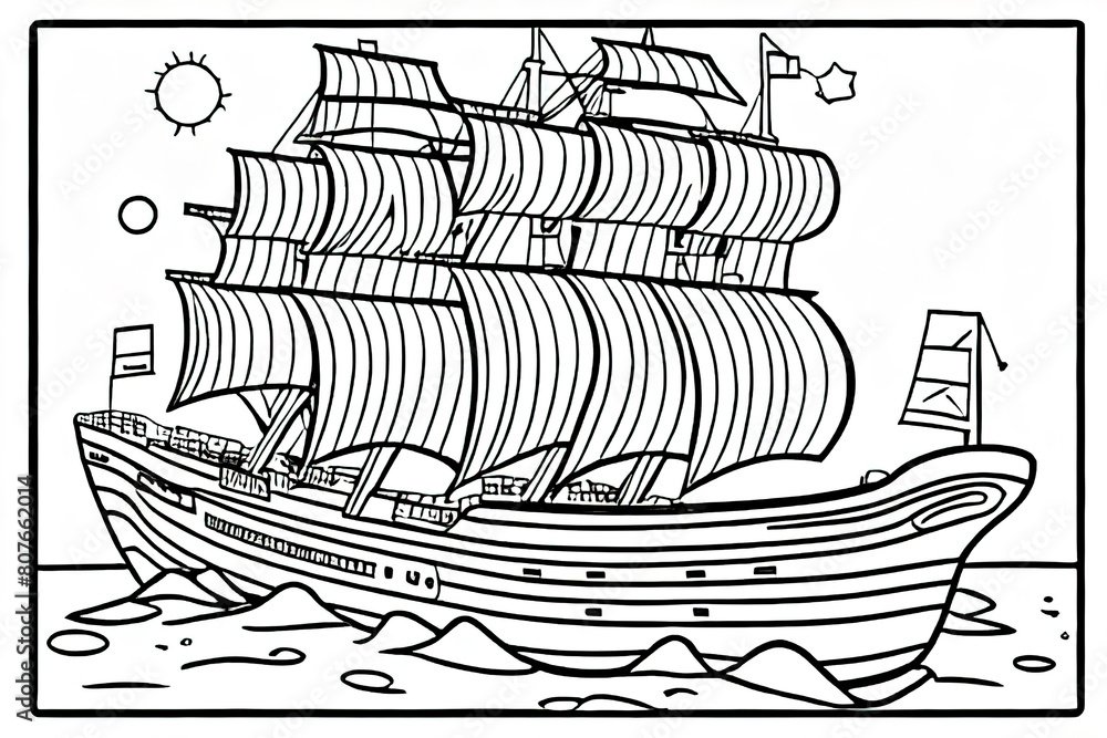 Naklejka premium kids coloring book, ship, cartoon, thick lines, black and white, white background, generated by Ai