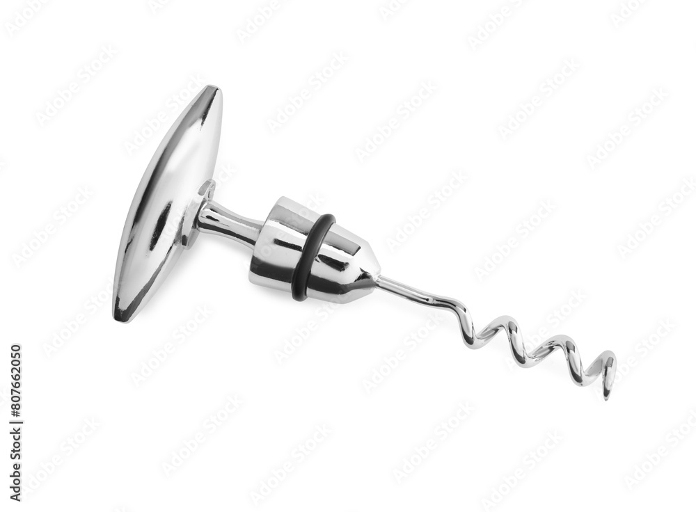One metal corkscrew isolated on white, top view One metal corkscrew isolated on white, top view