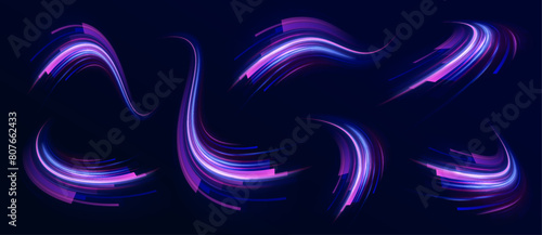 Neon Color Blurred Motion On Speedway. Acceleration speed motion on night road. Concept of leading in business, Hi tech products, warp speed wormhole science vector design. 