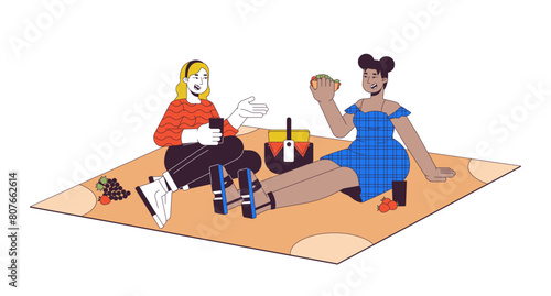 Plus sized diverse women having picnic 2D linear cartoon characters. Obese friends eating outdoors isolated line vector people white background. Body positive color flat spot illustration