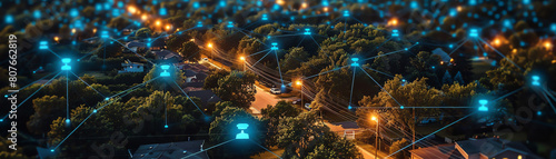 A series of interconnected blue holographic nodes above a residential area, illustrating a neighborhood watch network photo