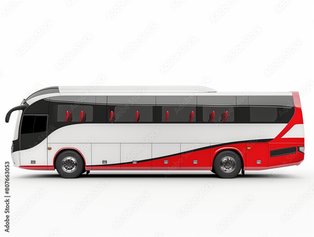 A sleek red and white tour bus isolated against a white backdrop.