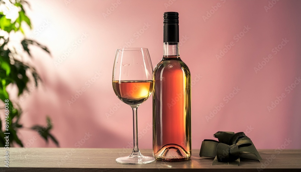 bottle and glass of rosé wine set against a clear background, offering a mock-up opportunity with a blank label. wine's color and the sleek design of the bottle texture