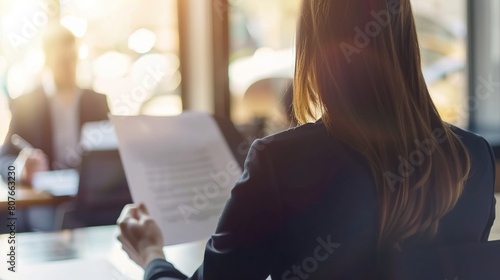 Young businesswoman working with documents in office. Blurred background.