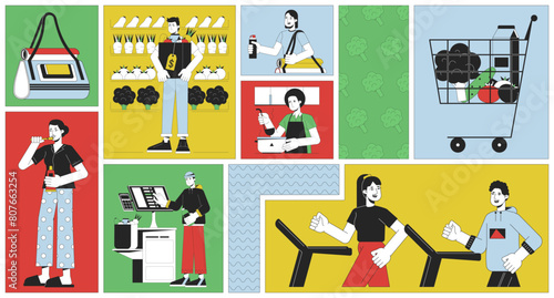 Daily routine people bento grid illustration set. Workout gym, teeth brushing, self service shopping 2D vector image collage design graphics collection. Diverse adults flat characters moodboard layout