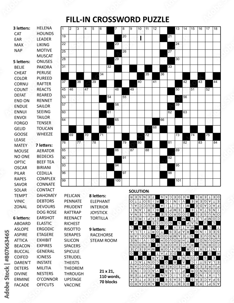 Fototapeta premium Fill in the blanks crossword puzzle with american style grid of 21x21 size, 70 blocks, 110 words, one letter revealed. Letter I as a hint. Answer included.