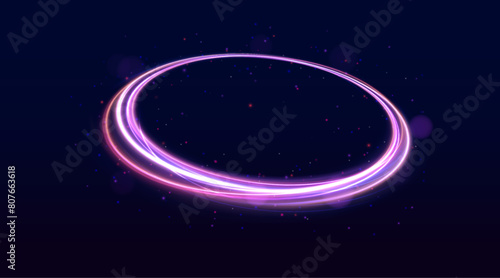 Neon ellipse in the form of speed. Glowing spiral. Abstract neon color glowing lines background. The energy flow tunnel. Shine round frame with light circles light effect. 