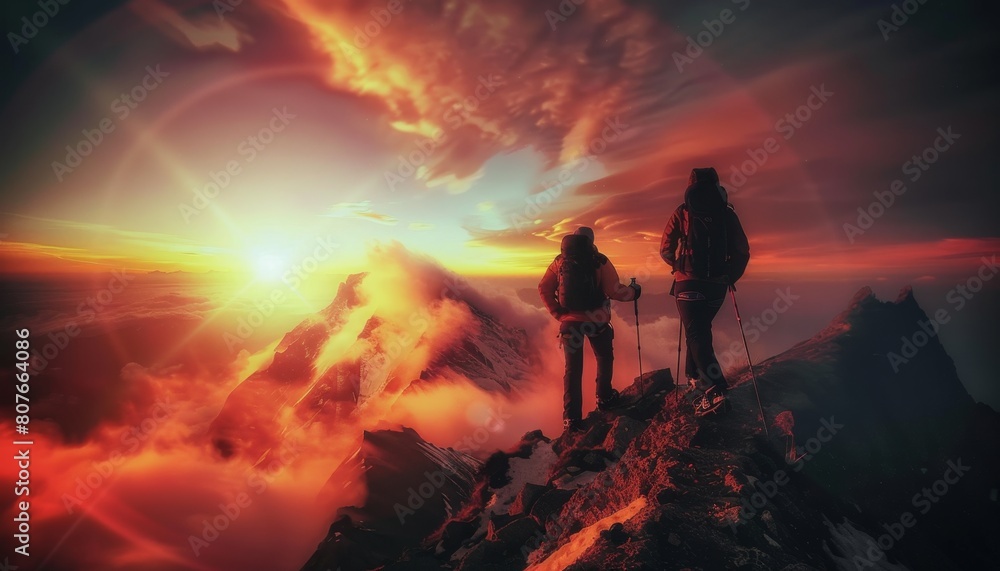 Two climbers enjoying stunning sunrise on mountain ridge.