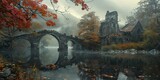 Moody Autumn River Scene with Bridge and Ruined Building.