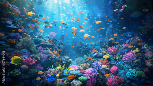 A colorful underwater scene with many fish and coral. Scene is vibrant and lively  with the bright colors of the fish and coral creating a sense of energy and movement