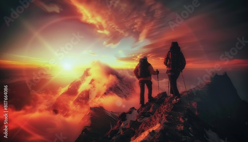 Two climbers enjoying stunning sunrise on mountain ridge. © MOMO