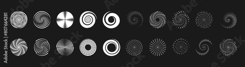 Abstract round halftone frames, rotating dotted circles on black background. Dot circle pattern. Orange round halftone dot patterns. Spiral halftones frame. Set of swirl abstract ripple elements. PNG