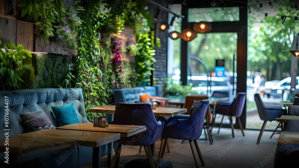 Capturing the Charm of an Upscale Cafe with Modern-Vintage Decor, Lush Greenery, and Cozy Ambiance. Concept Cafe Photography, Modern-Vintage Decor, Lush Greenery, Cozy Ambiance, Upscale Interior