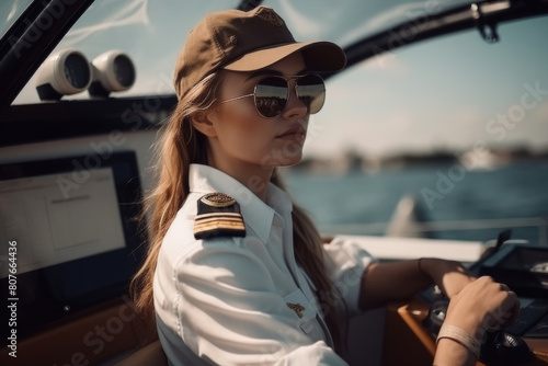 A woman dressed in a pilots uniform confidently drives a boat on the water, displaying skill and determination © sommersby
