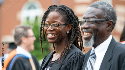A joyful young woman and an older man wearing glasses share a smile at an outdoor graduation event