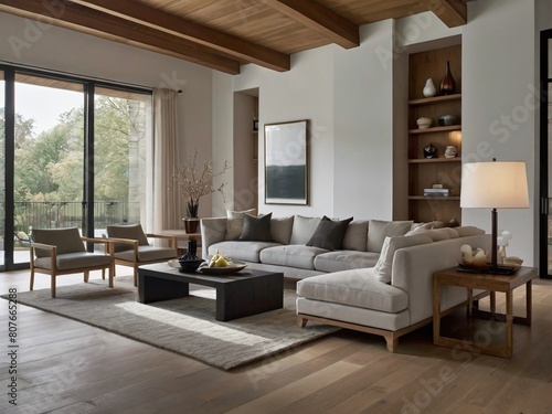 a modern living room with large windows  a sectional sofa  wooden furniture  and decorative items  emphasizing comfortable seating and natural light