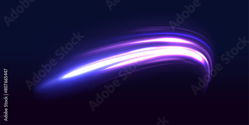 Car road silhouette with light and motion effect. Vector image of colorful light trails with motion blur effect, long time exposure isolated on background 