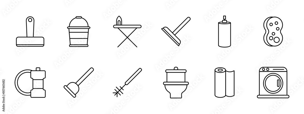 Cleaning set icon. Bucket, ironing board, iron, mop, spray paint, sponge, plunger, brush, toilet, roll of paper, dustpan, sweeping, washing machine, tidy, sweeping. Mopping concept. Cleaning set icon. Bucket, ironing board, iron, mop, spray paint, sponge, plunger, brush, toilet, roll of paper, dustpan, sweeping, washing machine, tidy, sweeping. Mopping concept.