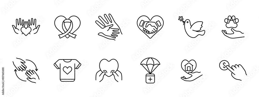 Charity set icon. Helping those in need, heart, palms, hands, ribbon, fighting cancer, bird, flower, animal protection, humanitarian aid, financial support. Helping concept. Charity set icon. Helping those in need, heart, palms, hands, ribbon, fighting cancer, bird, flower, animal protection, humanitarian aid, financial support. Helping concept.