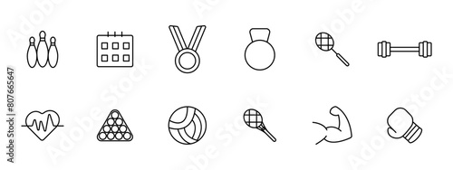 Sports set icon. Skittles, bowling, calendar, schedule, medal, weight, racket, tennis, barbell, rod, billiards, volleyball, muscles, boxing glove, hobby. Healthy lifestyle concept.