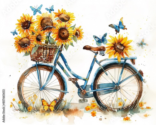 Lively watercolor illustration featuring a charming bicycle  its basket filled with vibrant sunflowers and playful butterflies  rendered in luminous pastels on a white canvas