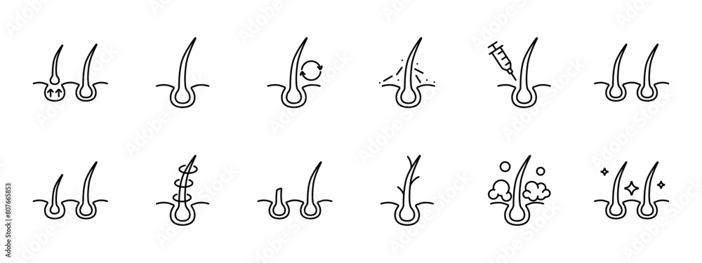 Hair set icon. Cut, cream, shampoo, trichology, moisturizing, shine, skin itching, volume, hair cream, nutrition, strengthening, split ends, salon procedures, fragility. Hair care concept. Hair set icon. Cut, cream, shampoo, trichology, moisturizing, shine, skin itching, volume, hair cream, nutrition, strengthening, split ends, salon procedures, fragility. Hair care concept.