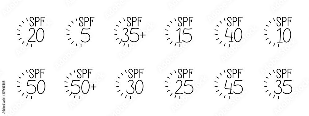 SPF set icon. Sunscreen, indicator, 20, 5, 35, 15, 40, 10, 50, 30, 25, 45, 35, sunburn, caring for appearance, vacation, beach, tanning. Health care concept. SPF set icon. Sunscreen, indicator, 20, 5, 35, 15, 40, 10, 50, 30, 25, 45, 35, sunburn, caring for appearance, vacation, beach, tanning. Health care concept.
