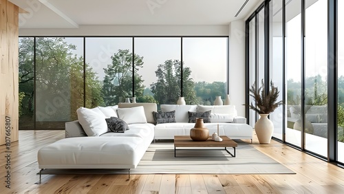 Scandinavian Living Room Inspiration  White Sofa  Vases  Wooden Floor  and Large Window View. Concept Scandinavian Design  White Sofa  Vases  Wooden Floor  Large Windows