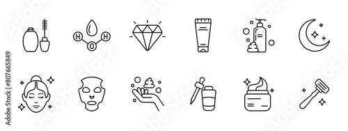 Body care set icon. Face mask, Korean cosmetics, H2O, water, diamond, sparkles, cream, oil, liquid soap, moon, stars, hand, pipette, razor, beauty. Appearance care concept.