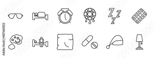 Dream set icon. Slumber, repose, bed, alarm clock, dream catcher, Z, snoring, melatonin, pillow, tablets, pills, sleep cap, lamp, man on doss. Sleep concept.