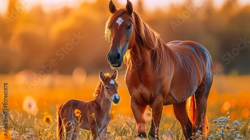 Stunning image of a wild horse and her foal grazing in a golden field at sunset. photo