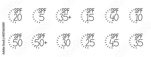 SPF set icon. Sunscreen, indicator, 20, 5, 35, 15, 40, 10, 50, 30, 25, 45, 35, sunburn, caring for appearance, vacation, beach, tanning. Health care concept.